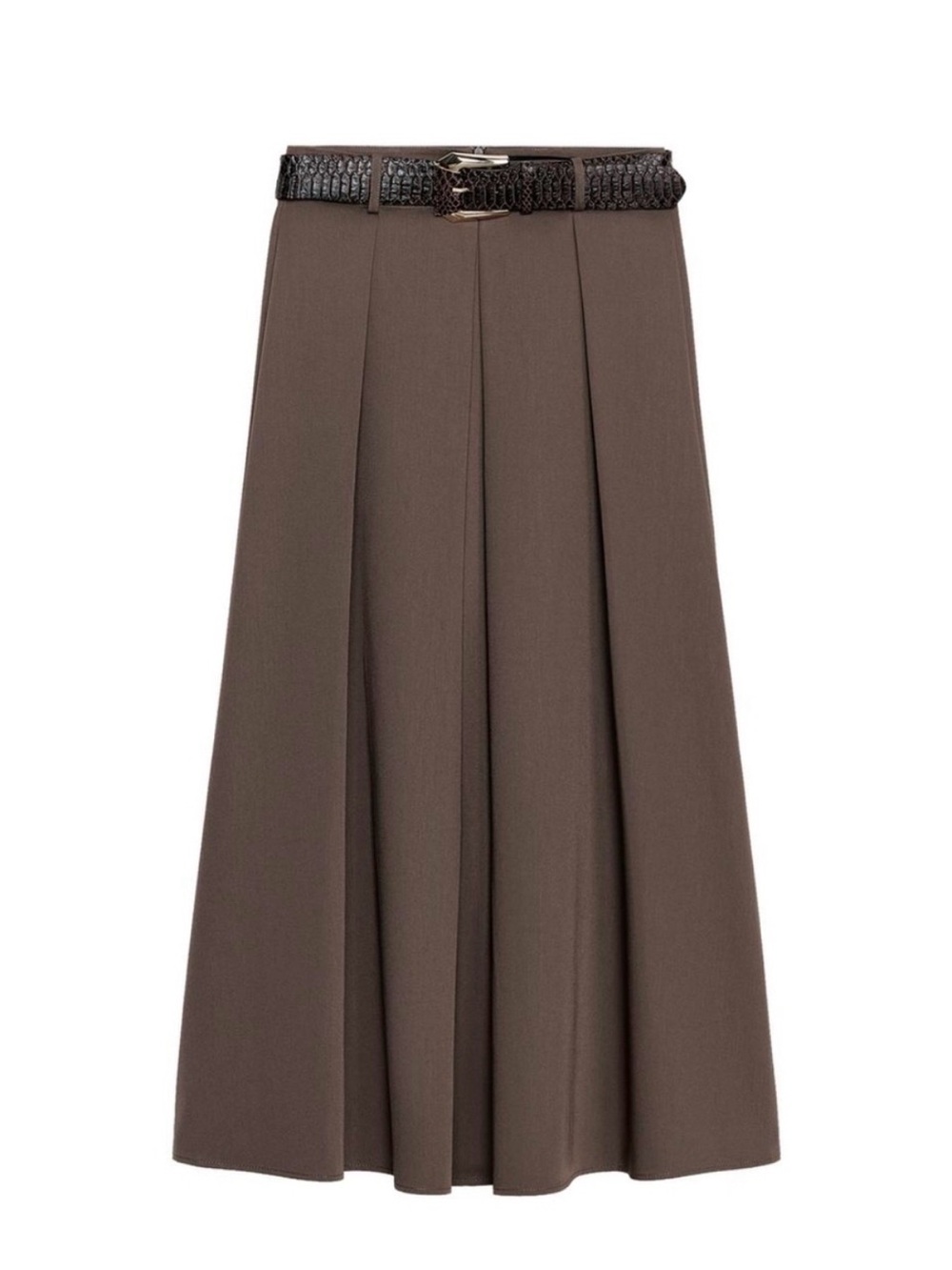 Zara Brown Pleated A-Line Midi Skirt with croc embossed Belt